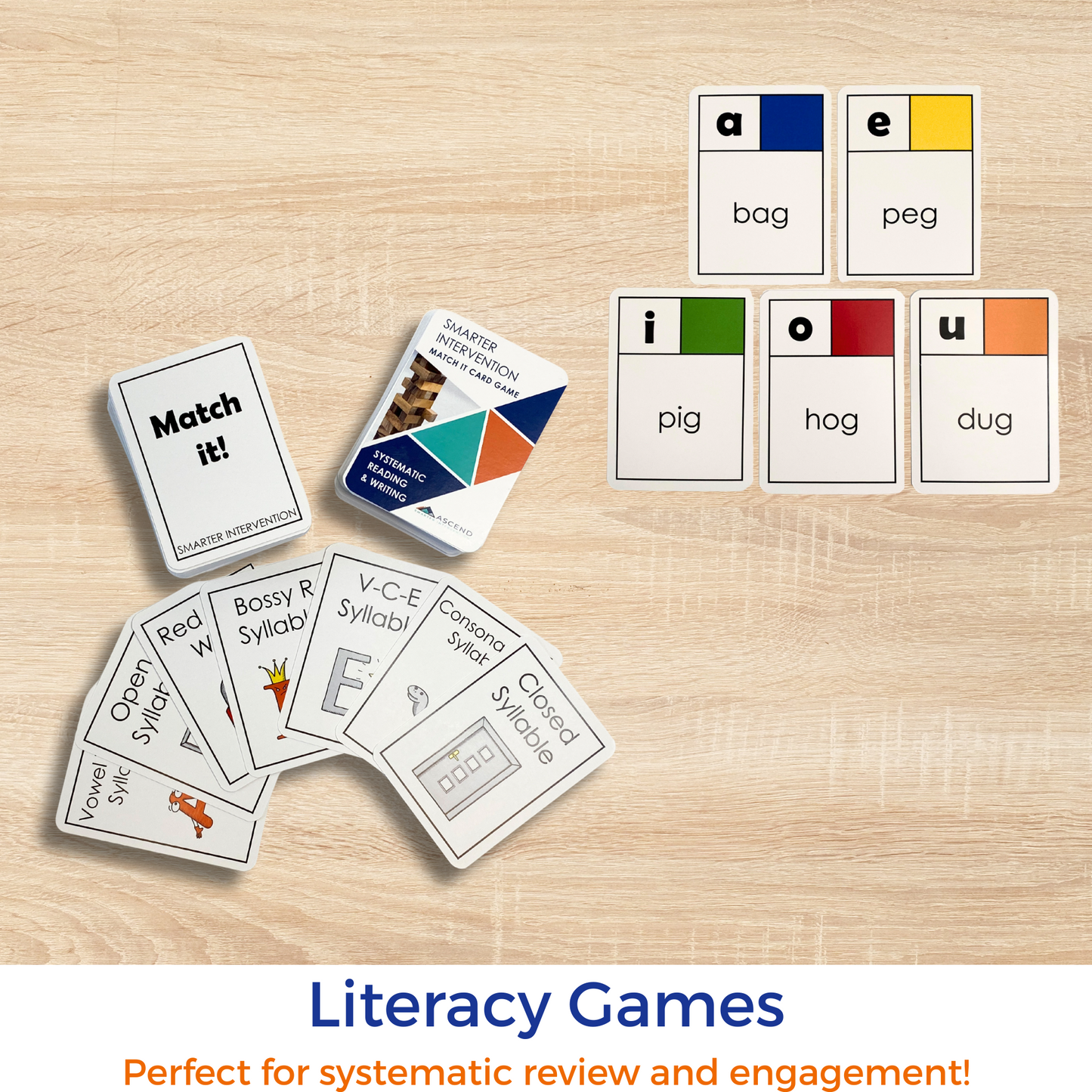 Educational literacy games on a wooden surface with text 'Match it!' and 'Literacy Games'.