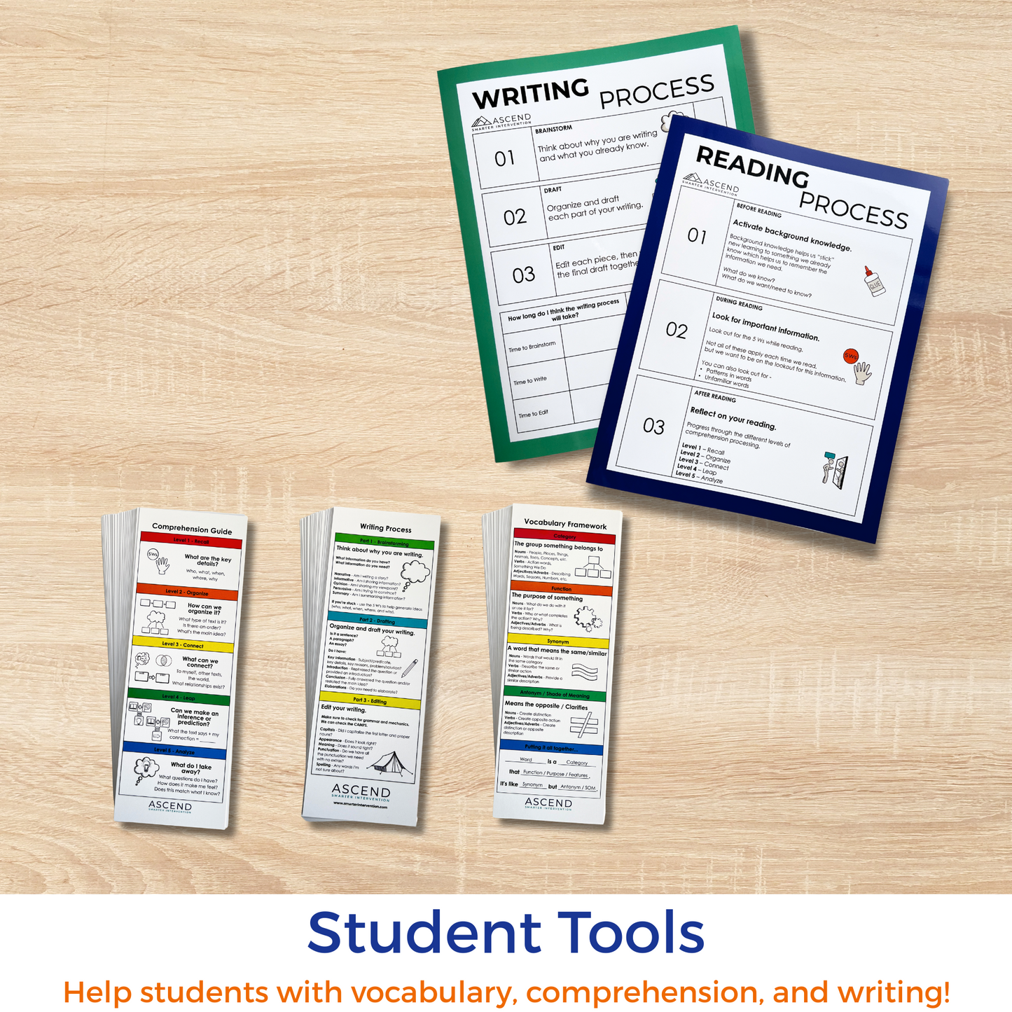 Educational tools for vocabulary, comprehension, and writing on a wooden surface with 'Ascend' branding.