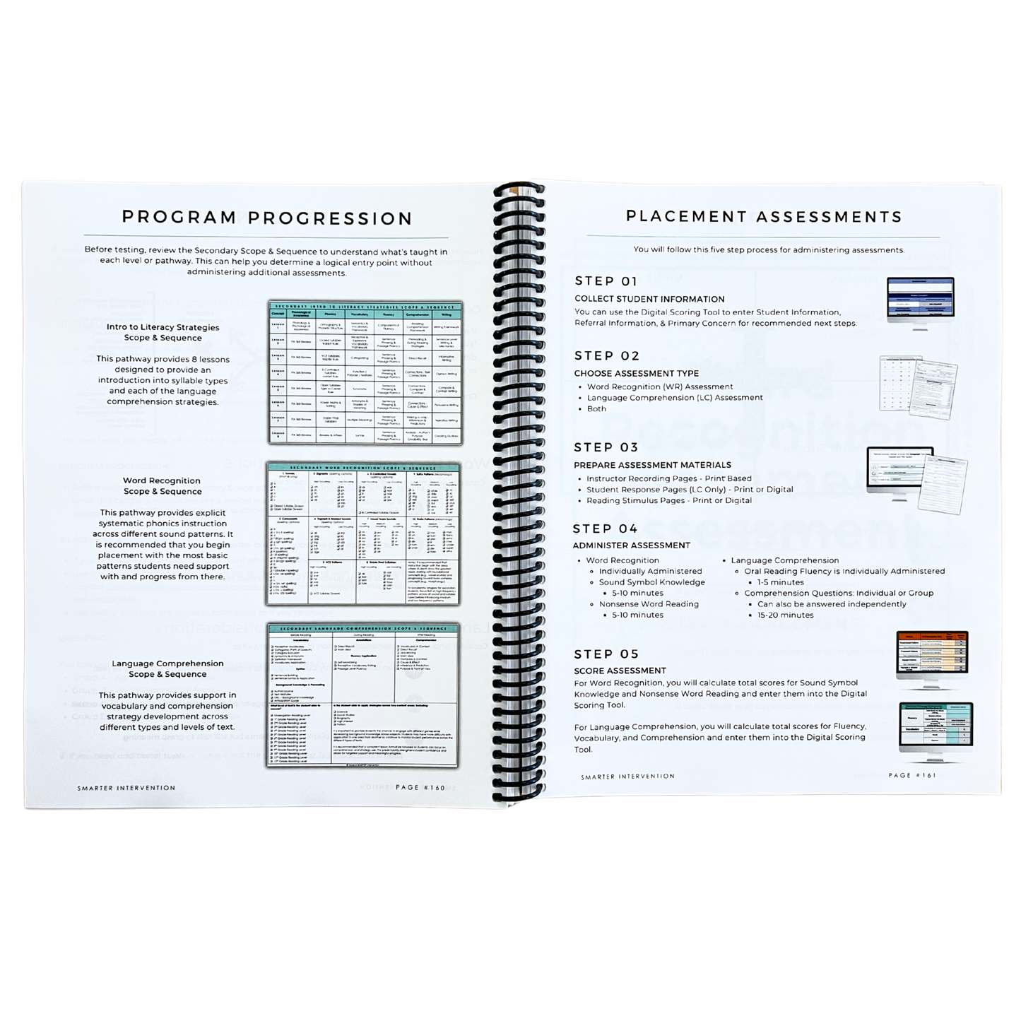 Open spiral-bound book showing educational assessment and progression charts on a white background