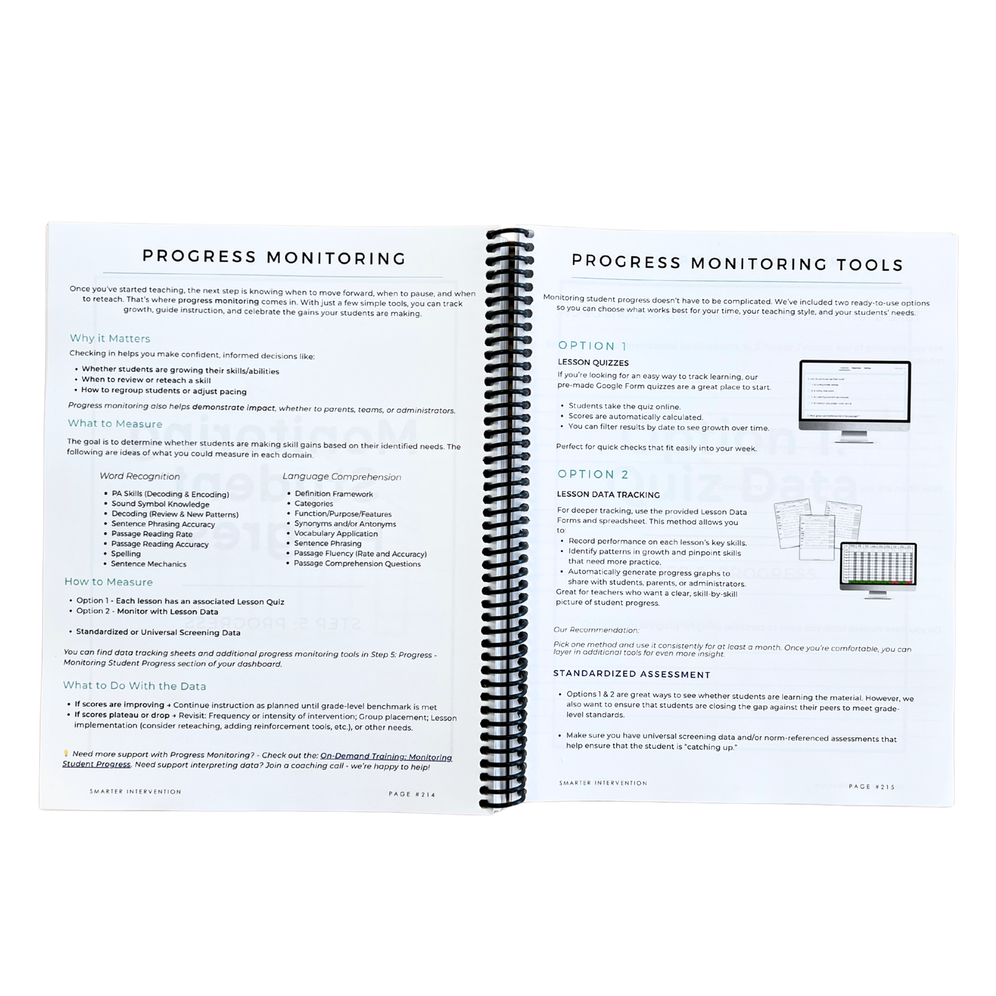 Spiral-bound book with educational content on progress monitoring tools