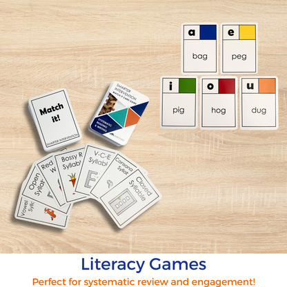 Educational literacy games on a wooden surface with text 'Match it!' and 'Literacy Games'.