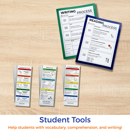 Educational tools for vocabulary, comprehension, and writing on a wooden surface with 'Ascend' branding.