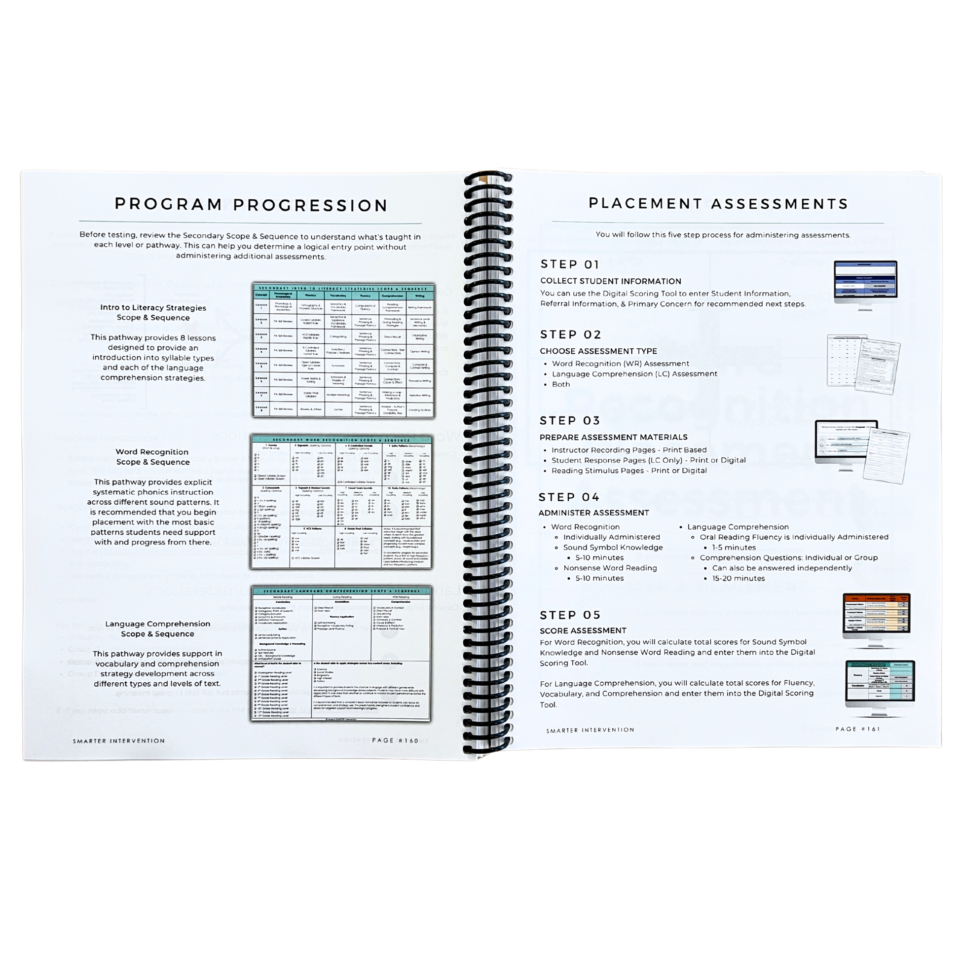 Open spiral-bound book showing educational assessment and progression charts on a white background