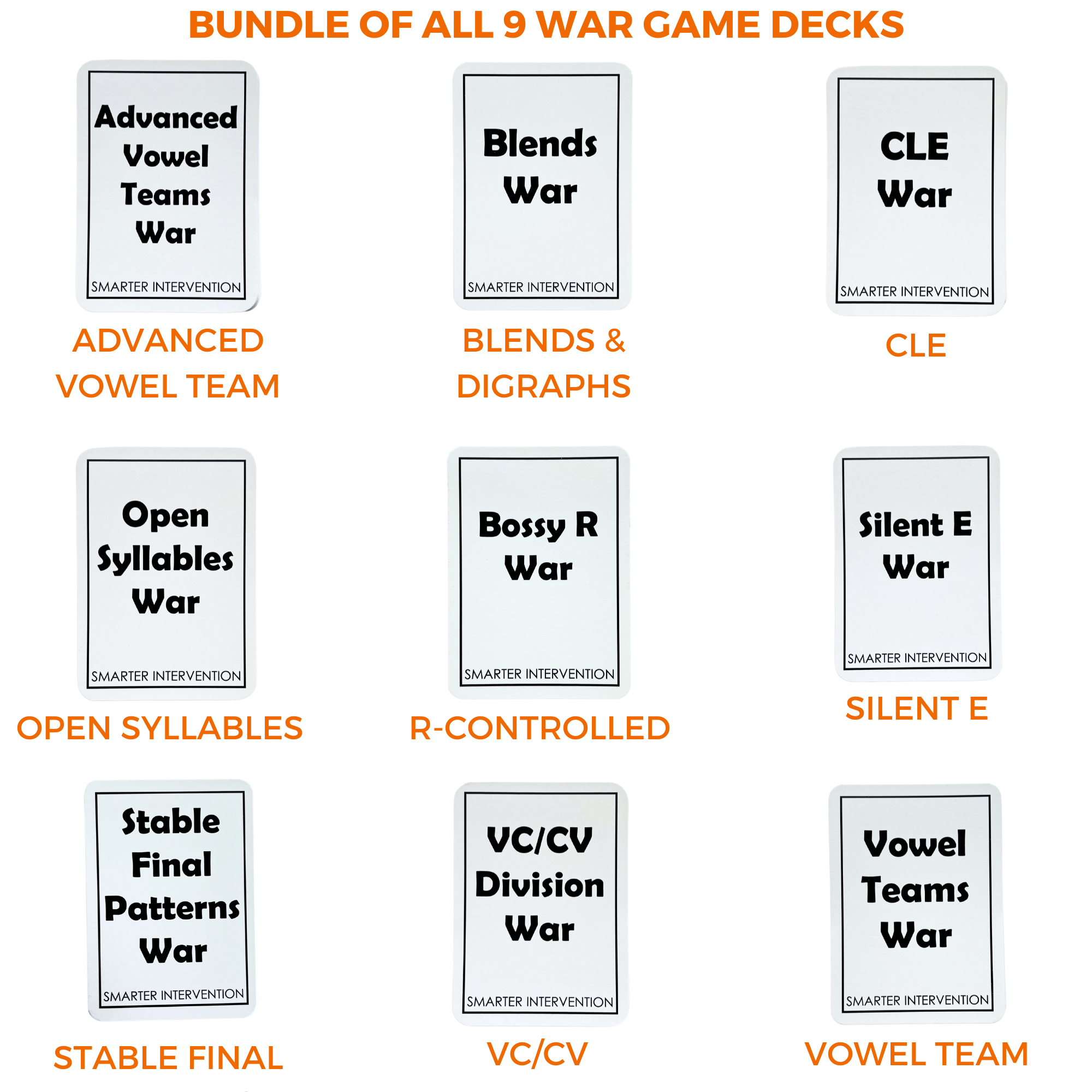 Get all our literacy War Card Games in one bundle! Perfect for phonics practice, reading intervention, and fun, engaging skill-building for students.