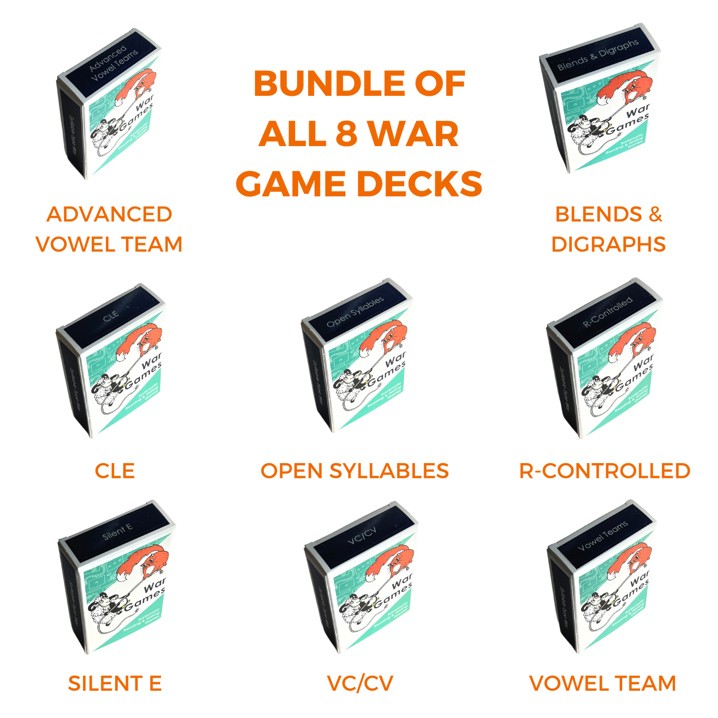 The War Card Games Bundle includes all eight (8) of the war card games